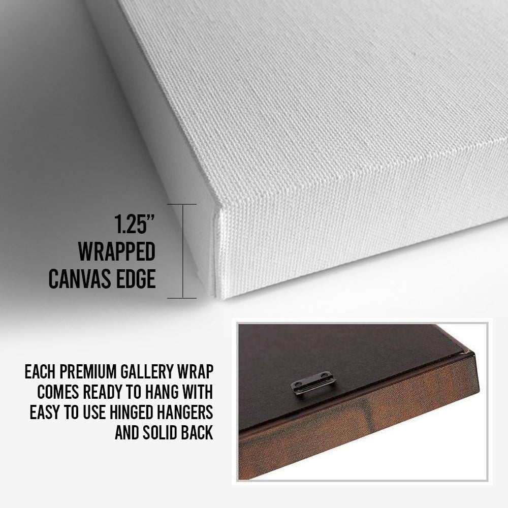 Wrapped canvas edge with 1.25 in depth and ready-to-hang hanging rail