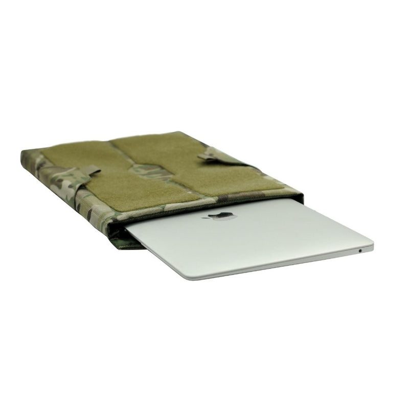 Padded laptop sleeve with Multicam fabric and top flap, holding a 14.5-inch laptop