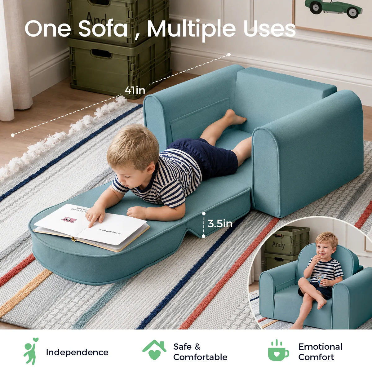 Convertible kids sofa chair in teal fabric with chaise-style extended seat