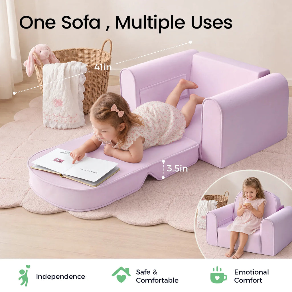 Light purple kids lounge sofa chair with extended cushioned seat and side bolsters
