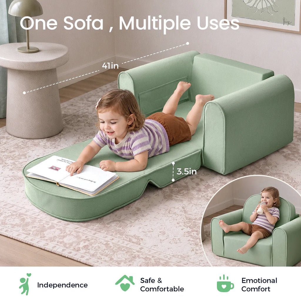 Light green kids sofa chair with low back and wide seat for play
