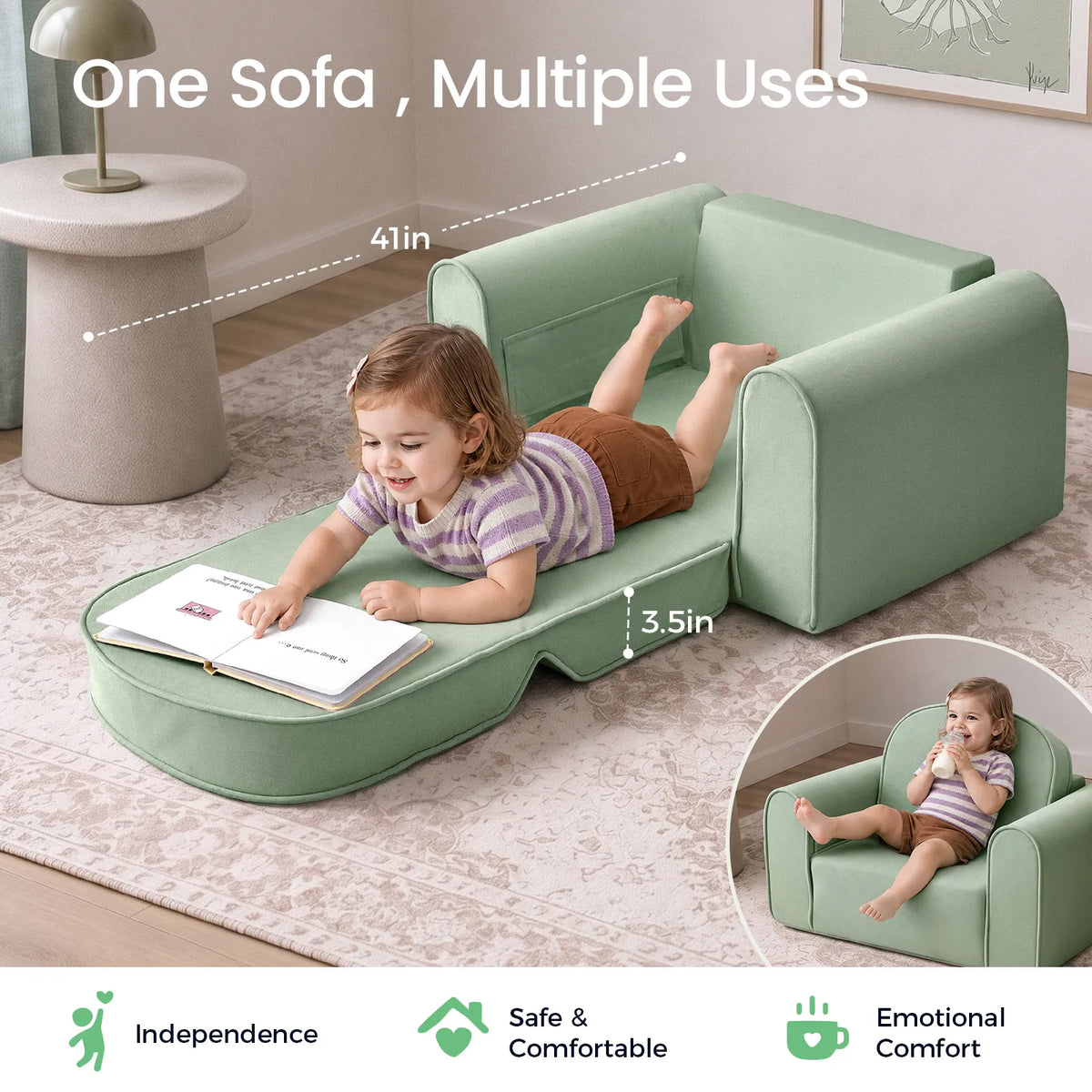 Light green kids sofa chair with low back and wide seat for play