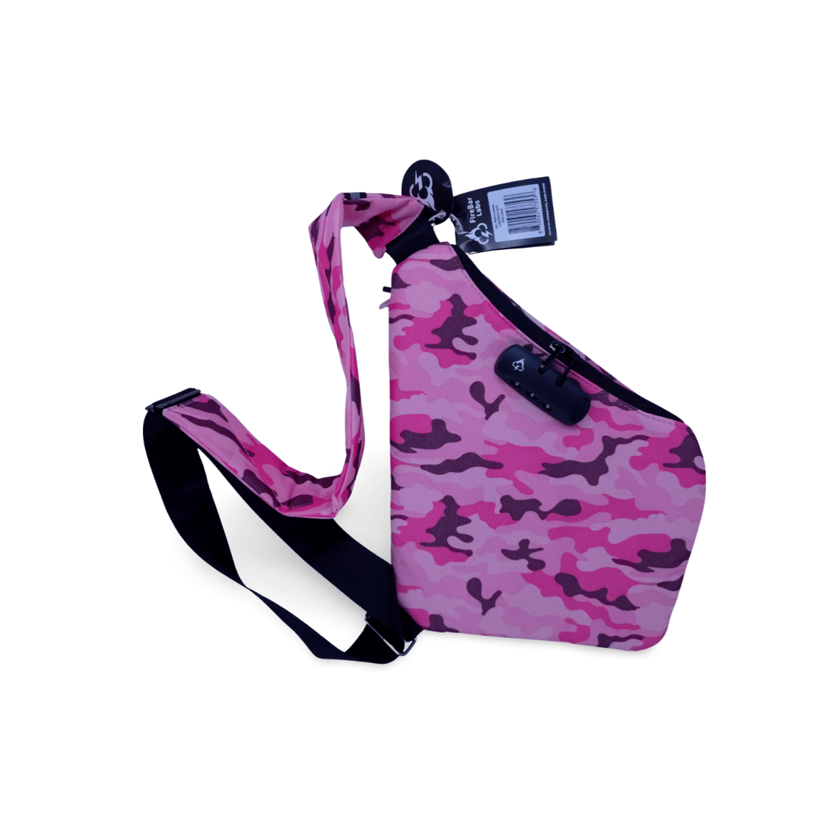 Pink camouflage crossbody bag with black adjustable strap and front lock panel