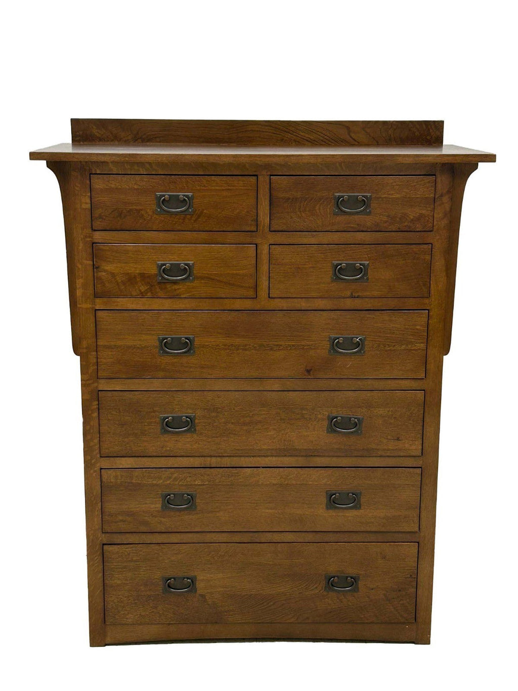Front view of 8-drawer dresser with dark cup pulls and raised cabinet frame