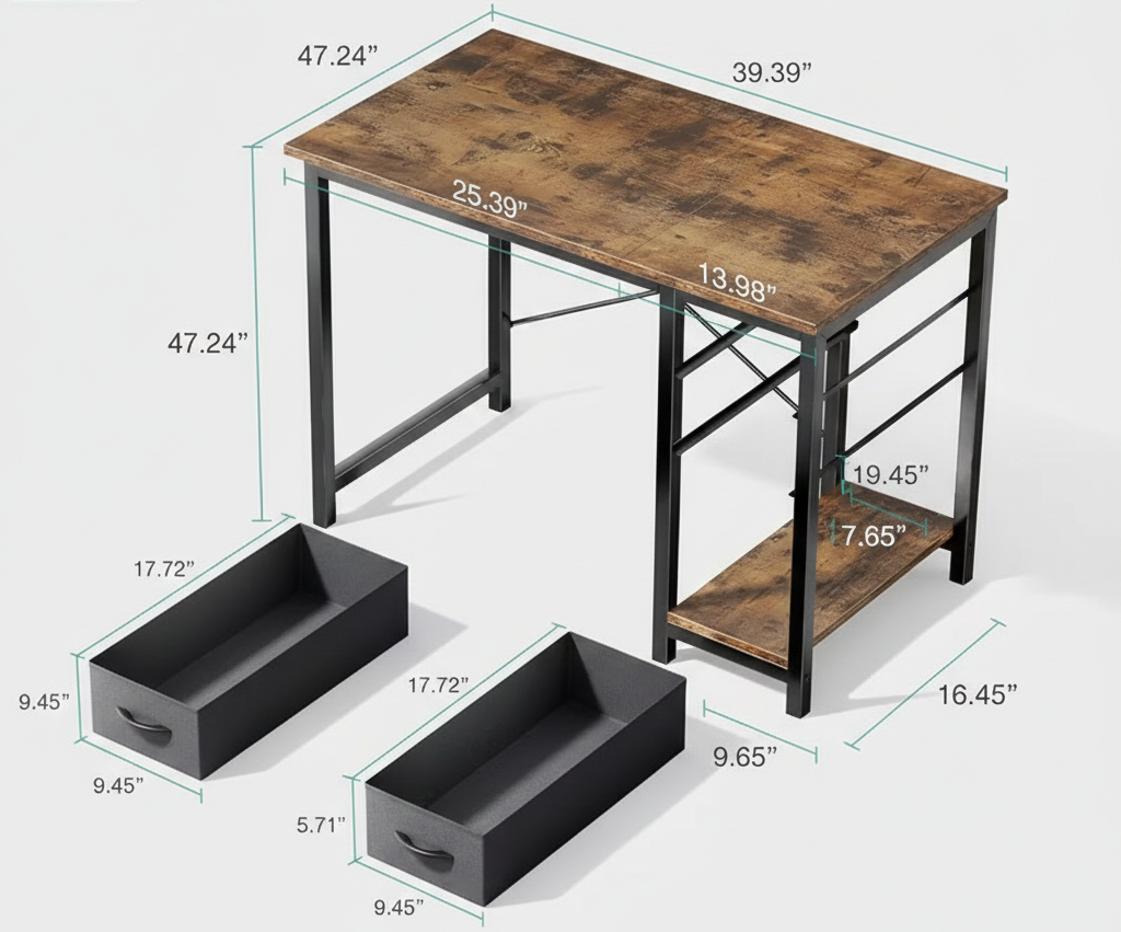 Desk dimension diagram showing lower drawers and side shelf measurements