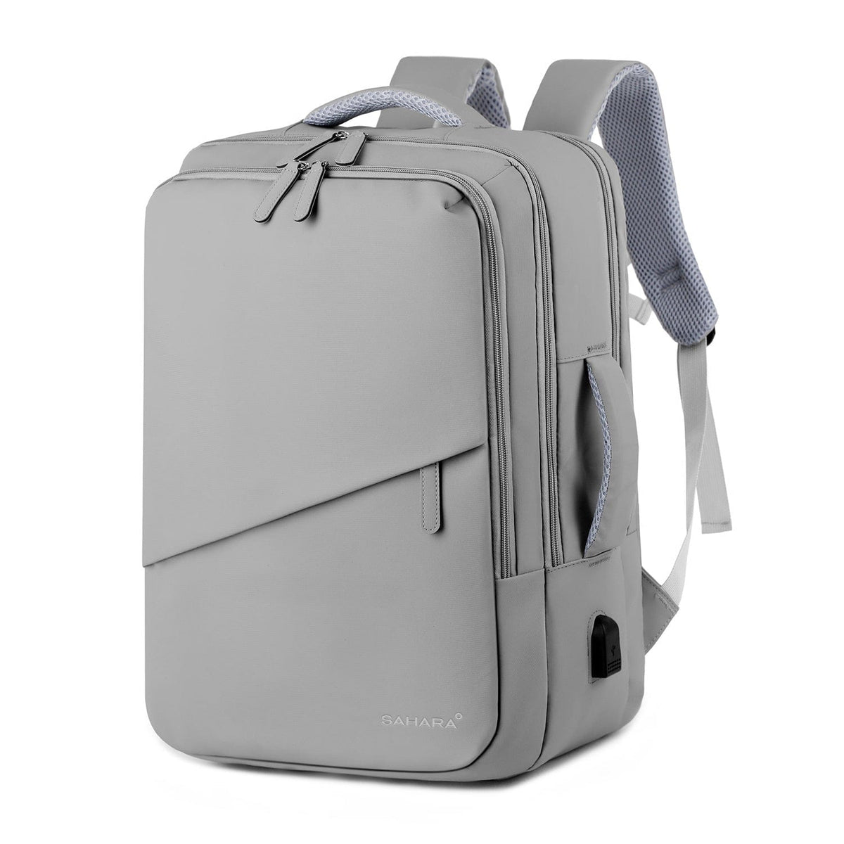 Storm gray travel backpack with front organizer pocket and zip closure