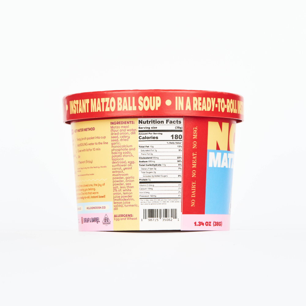 Soup cup back label with nutrition facts panel and ingredient information