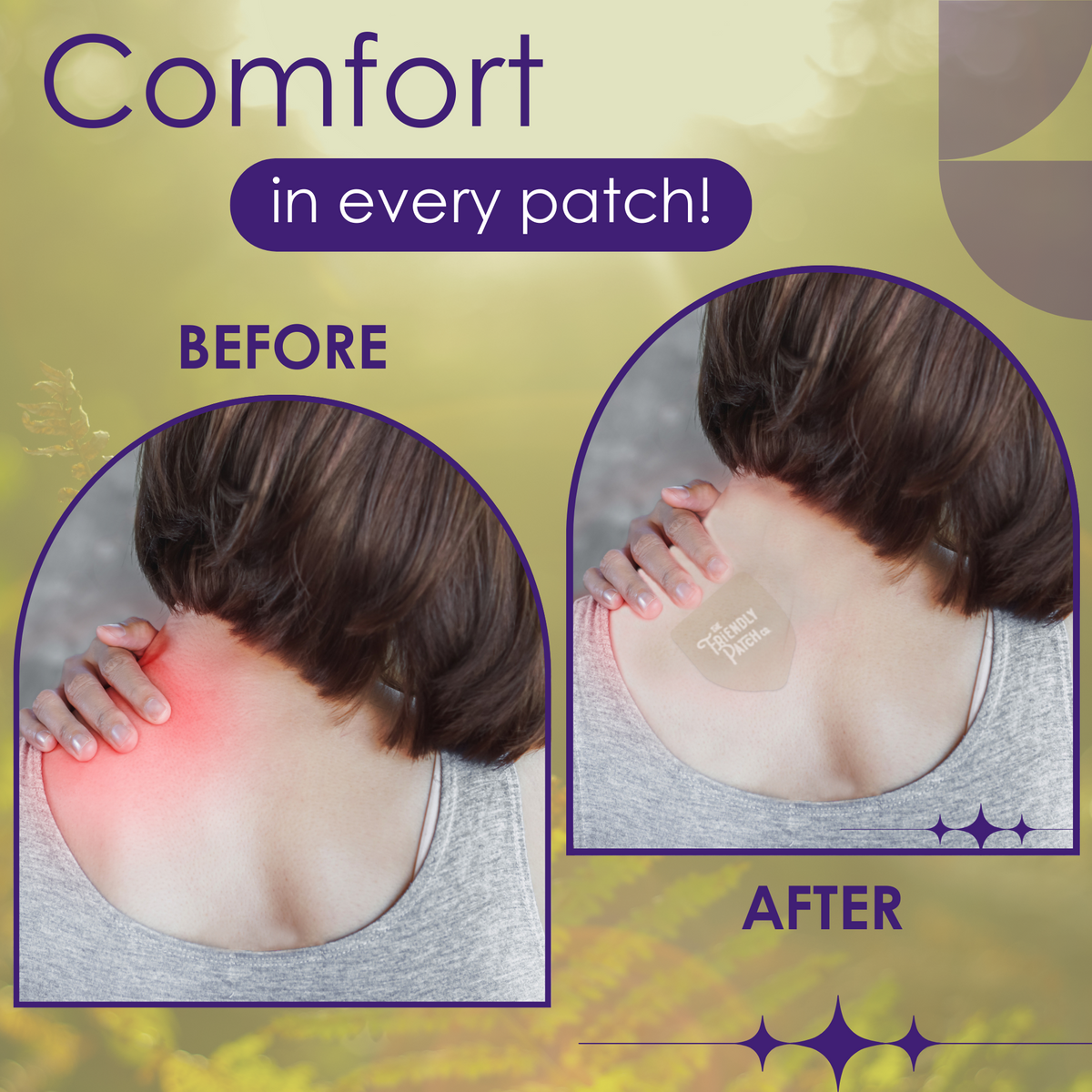 Pain relief patch on shoulder, before-and-after comfort graphic