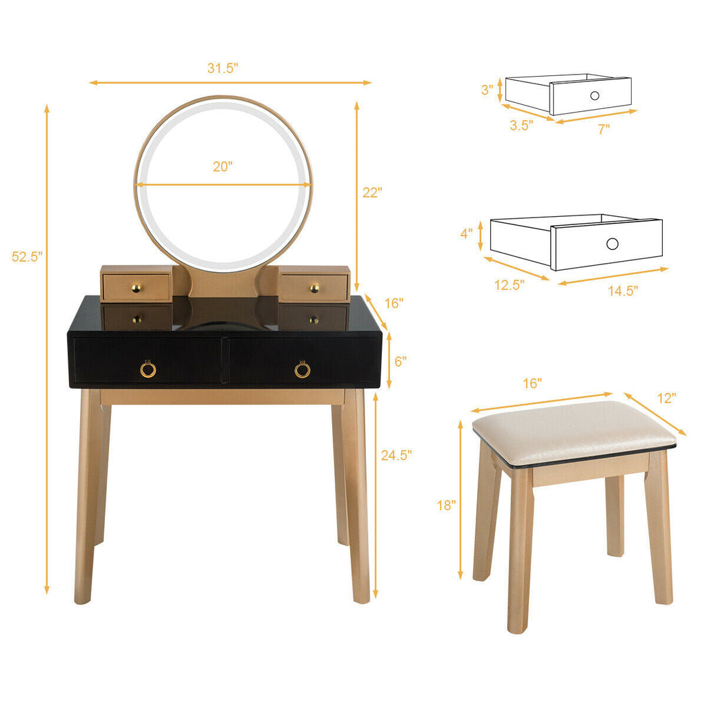 Makeup vanity table set size chart: round mirror, black drawer base, and beige stool
