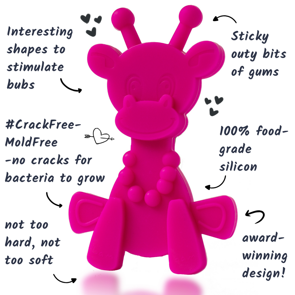 Magenta baby teething toy with shaped nubs and bead-like textured center