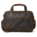 Dark brown leather office briefcase with top handle and front flap pockets