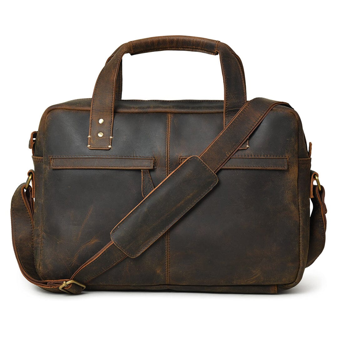 Dark brown leather office briefcase with top handle and front flap pockets