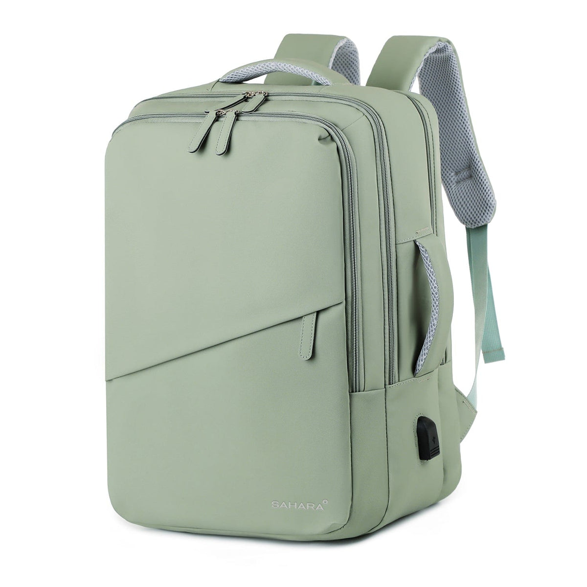 Light green travel backpack with front panel zipper and black utility patch