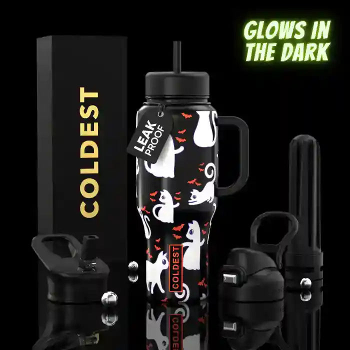 36oz insulated water bottle with black lid and white face pattern