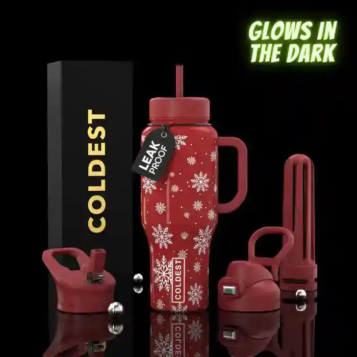 36oz insulated bottle, red with white snowflake pattern, glows in the dark, straw included