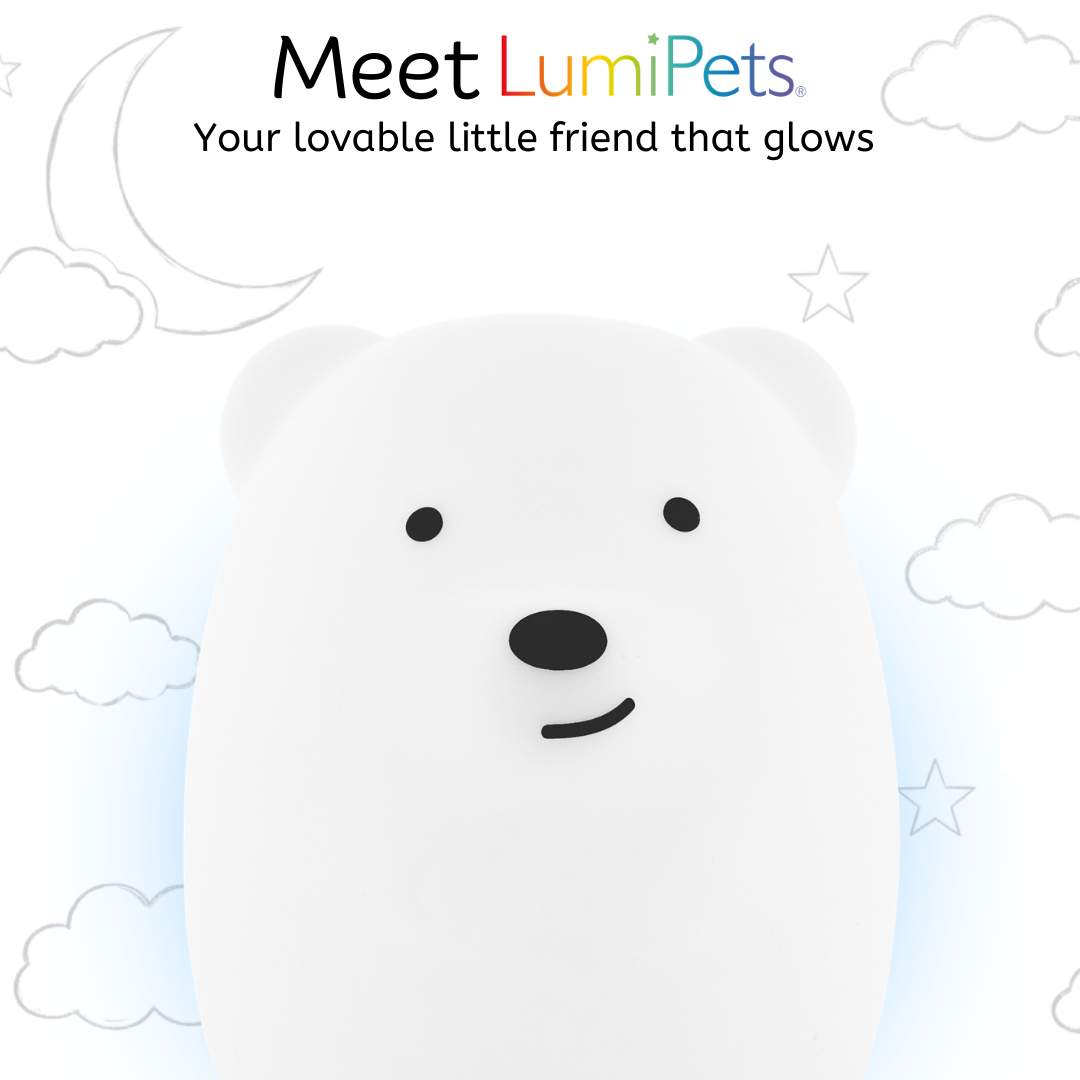 White bear night light with dot eyes and curved mouth, soft glow-ready design