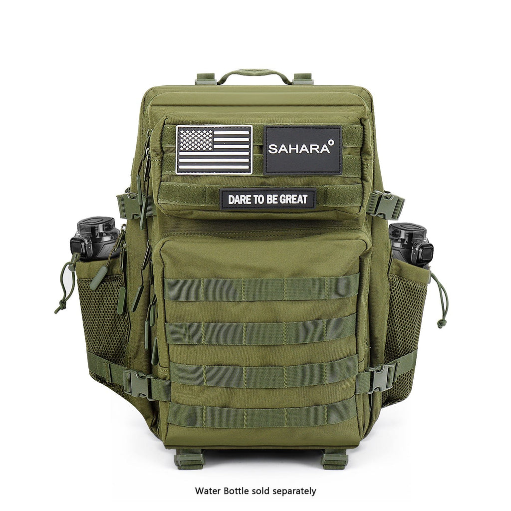 Olive green travel and laptop backpack with front pockets, straps, and top handle
