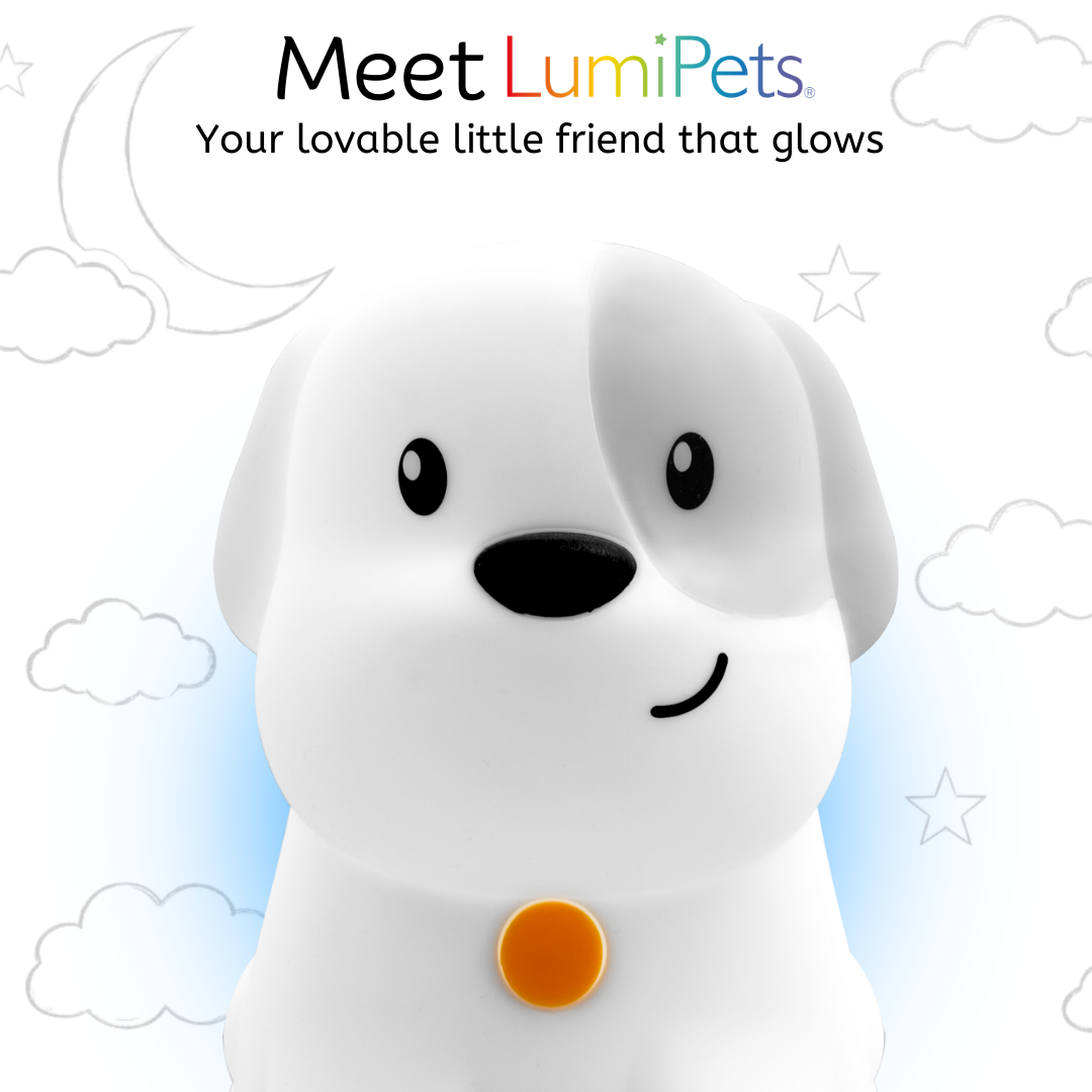 White LumiPets puppy night light with soft glow blue light effect