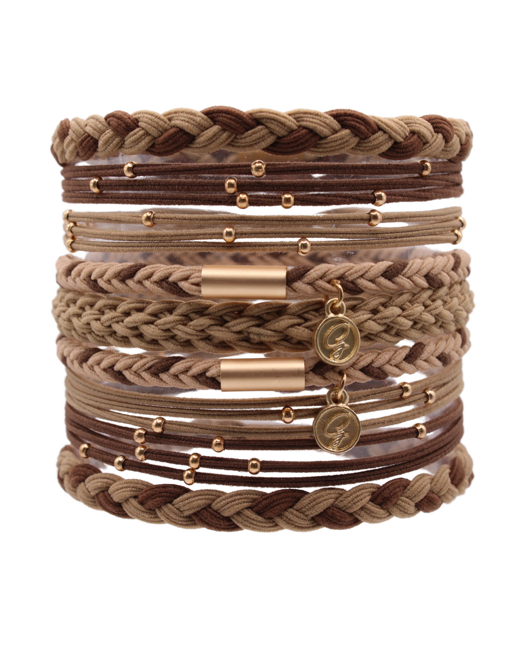 Stacked braided brown hair tie bracelets with gold beads and coin charm details