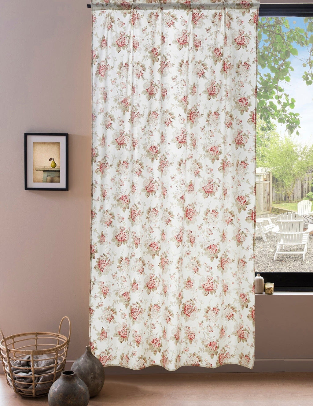 Sheer floral window curtain panel, cream base with scattered pink roses and mint leaves