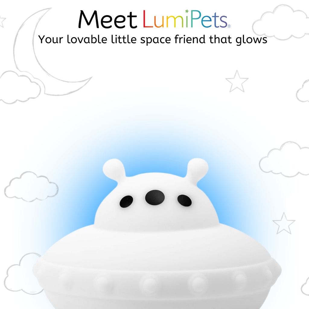 White UFO touch night light with glowing blue base and three-dot face