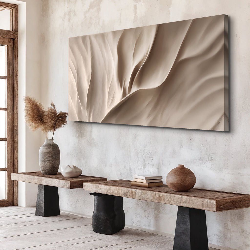 Beige abstract wave wall art framed canvas with sweeping drapery fold detail