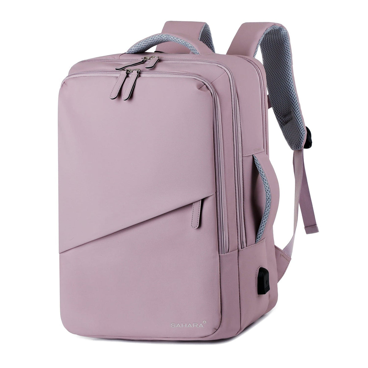 Purple orchid travel backpack with front zip pockets and textured side shoulder panel