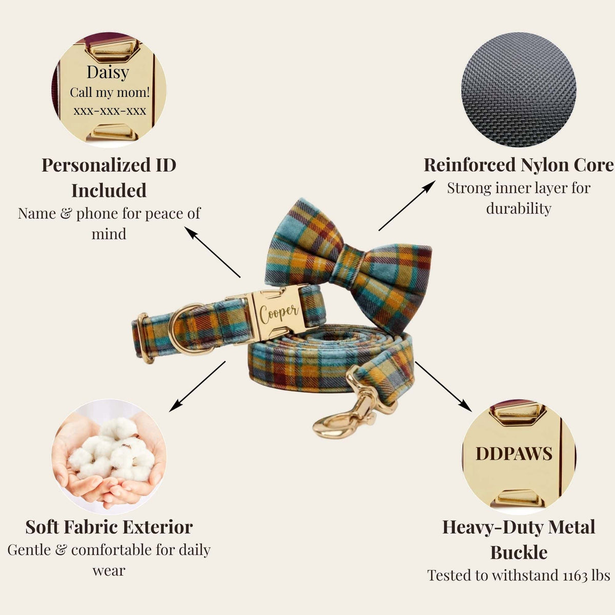 Plaid dog harness and bowtie with personalized ID tag, reinforced nylon core, and metal buckle
