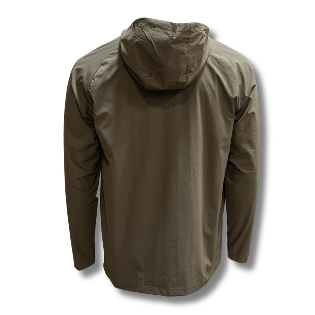 Olive green hooded jacket, back view with full-coverage and seam details