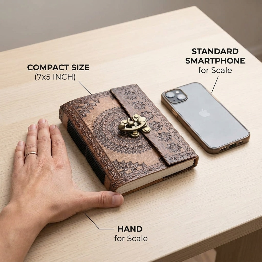 Brown leather lock journal on a table, held by a hand; compact notebook