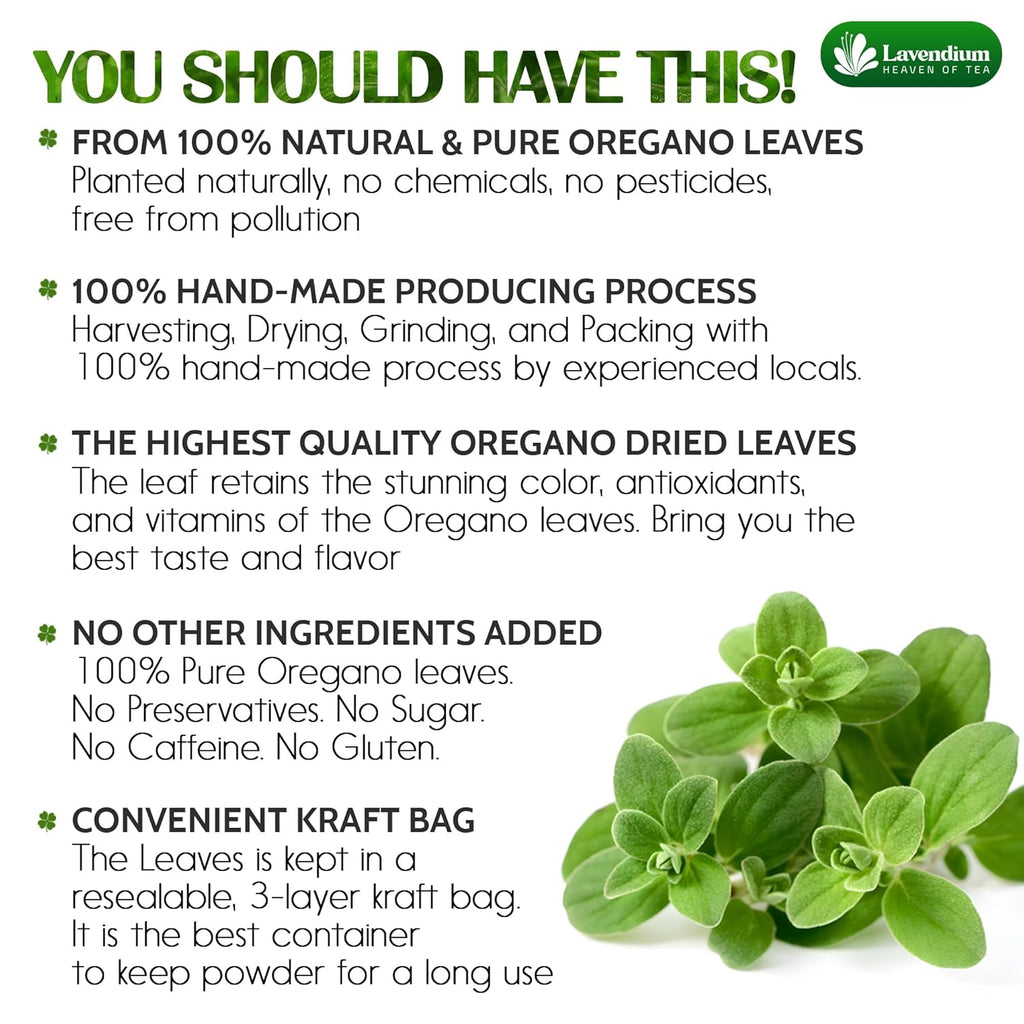 Dried oregano leaves kraft bag with green oregano sprigs
