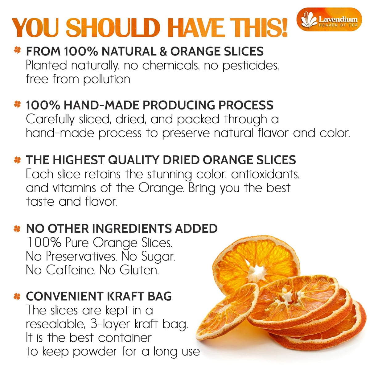 Dried orange slices on kraft bag with stacked slices and orange half showing details