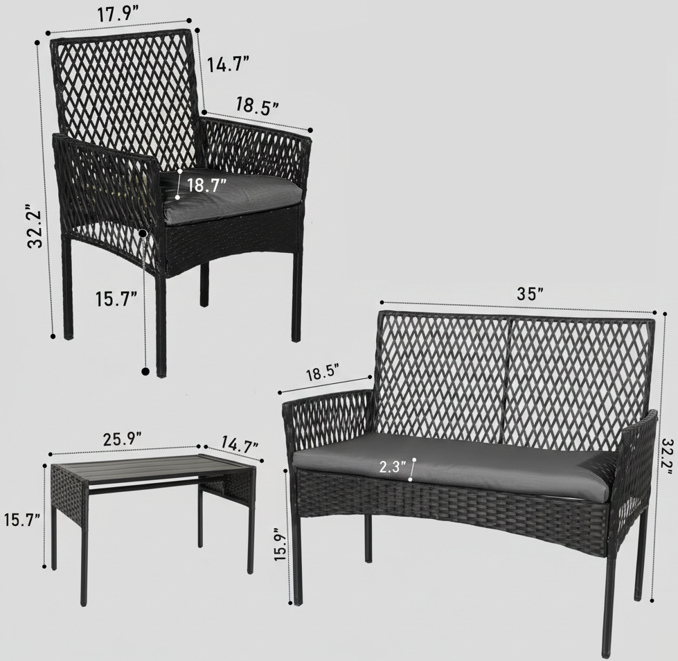 Black wicker armchairs and loveseat set with dark cushions, lattice backrest, and black metal legs