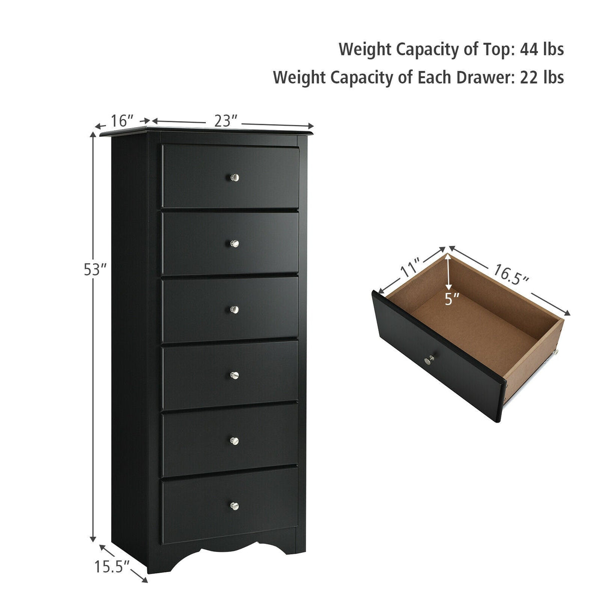 6-drawer chest dresser with five stacked drawers and metal knobs, dark finish.