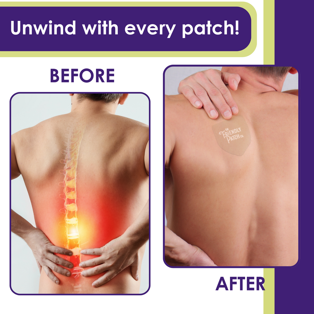 Relief night transdermal patch shown on back with before-and-after comparison