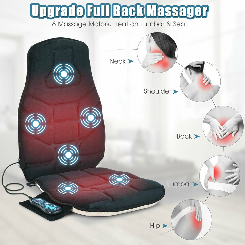 Full back seat cushion massager showing glowing nodes with remote and heat coverage.