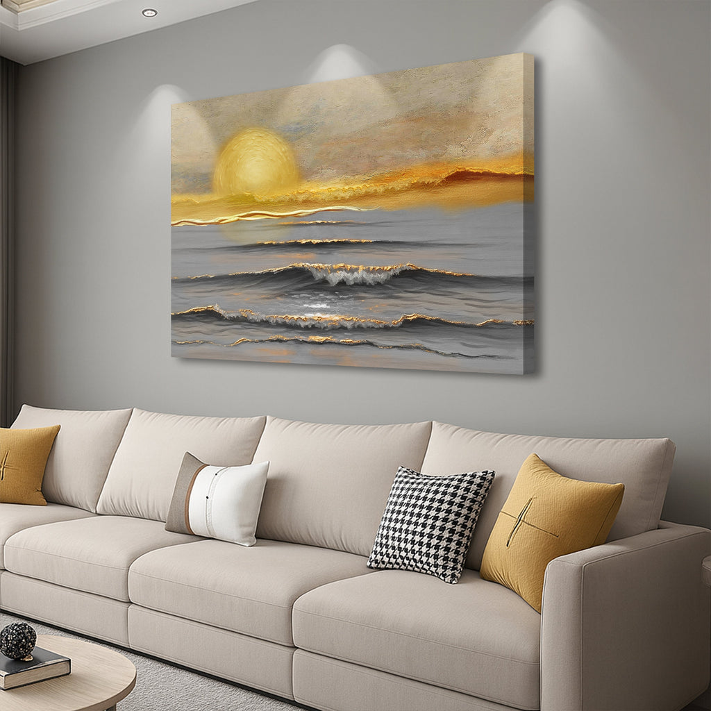 Wall art canvas with a bright yellow sun above layered ocean waves, landscape view.