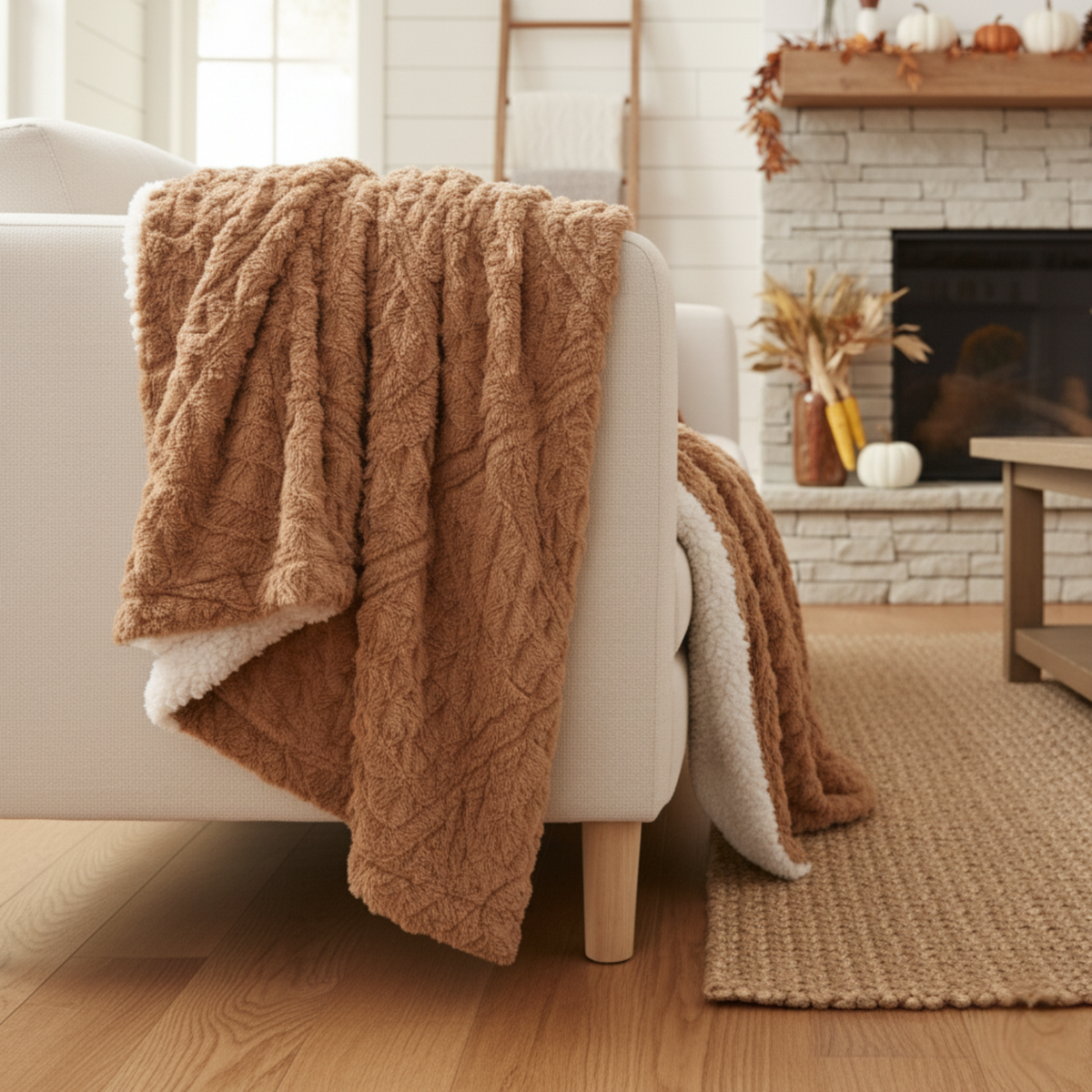 Caramel brown faux fur throw blanket with thick chevron texture and cream sherpa trim