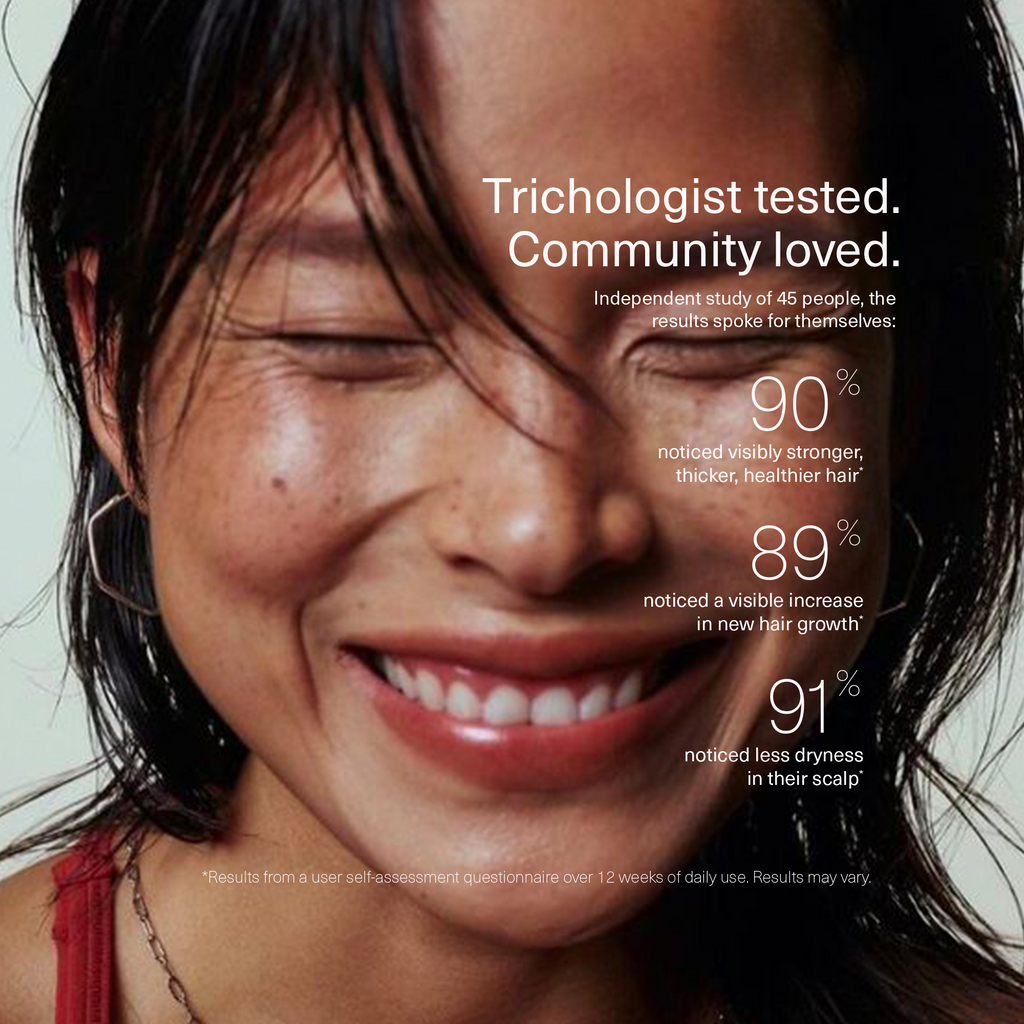 Smiling person close-up with marketing text about trichologist-tested community results