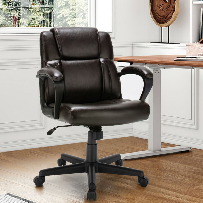 Dark brown leather office chair with padded arms and adjustable height base, casters.