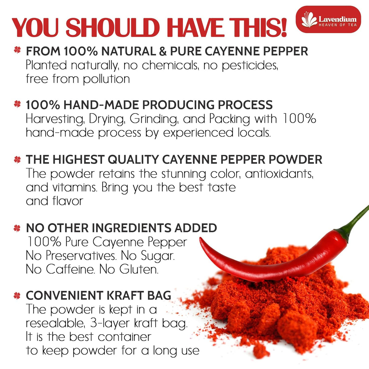 Cayenne pepper powder bag with red chili peppers and a mound of ground cayenne