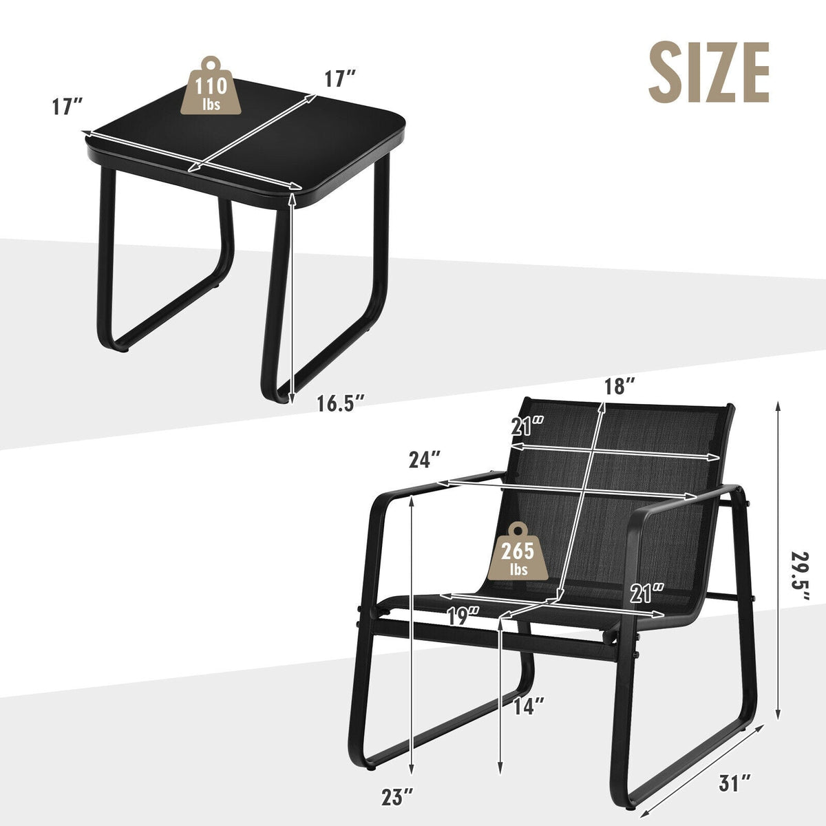 Black 3-piece patio set size diagram for chairs and glass top table