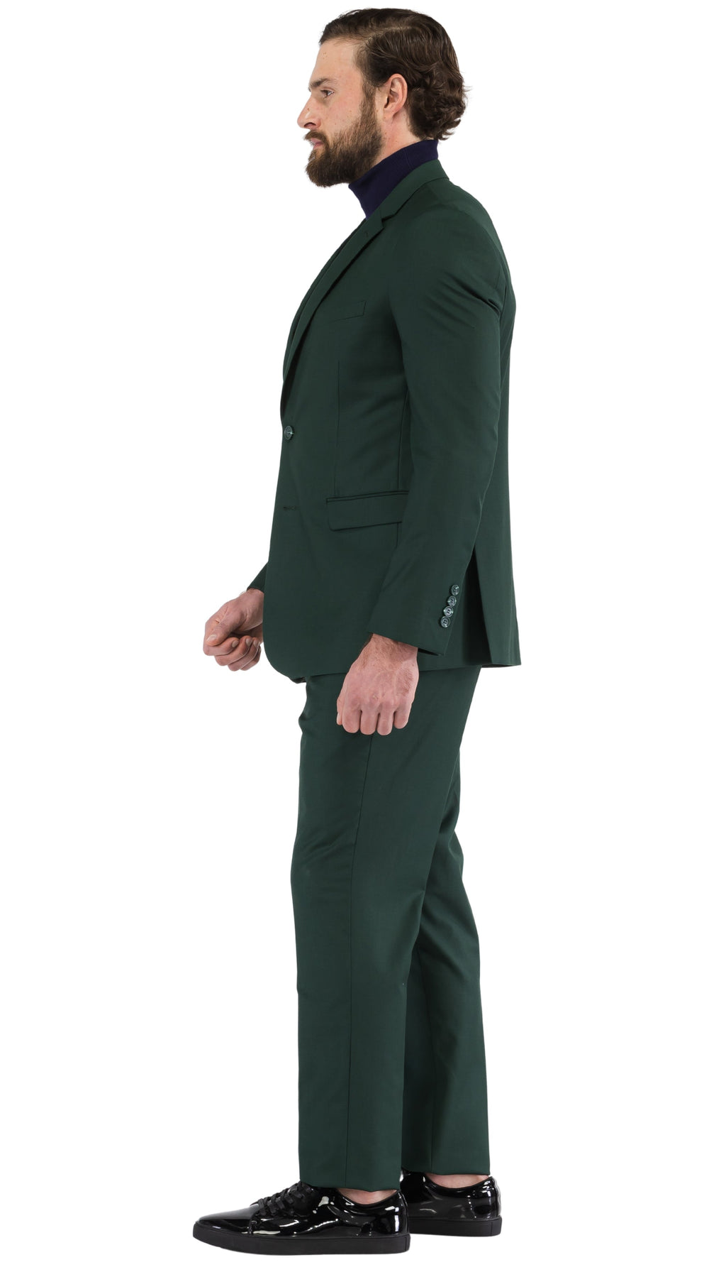Men's hunter green slim-fit suit side profile, notch lapel blazer and straight trousers