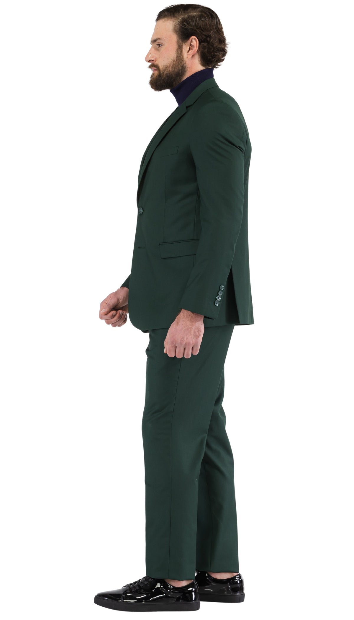 Men's hunter green slim-fit suit side profile, notch lapel blazer and straight trousers