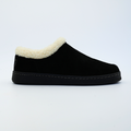 Men's black suede slipper with cream sherpa collar and dark rubber sole