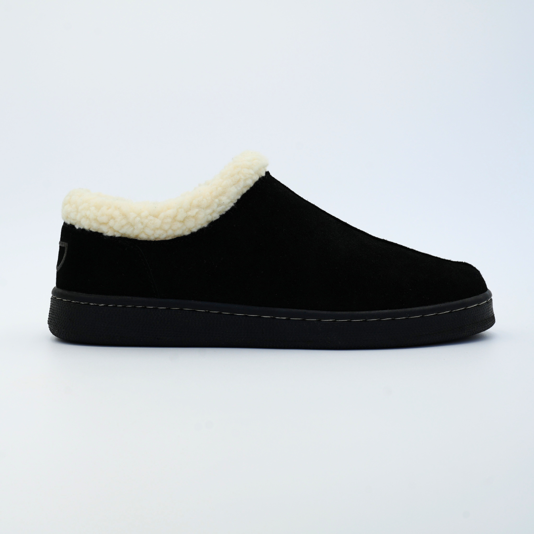Men's black suede slipper with cream sherpa collar and dark rubber sole