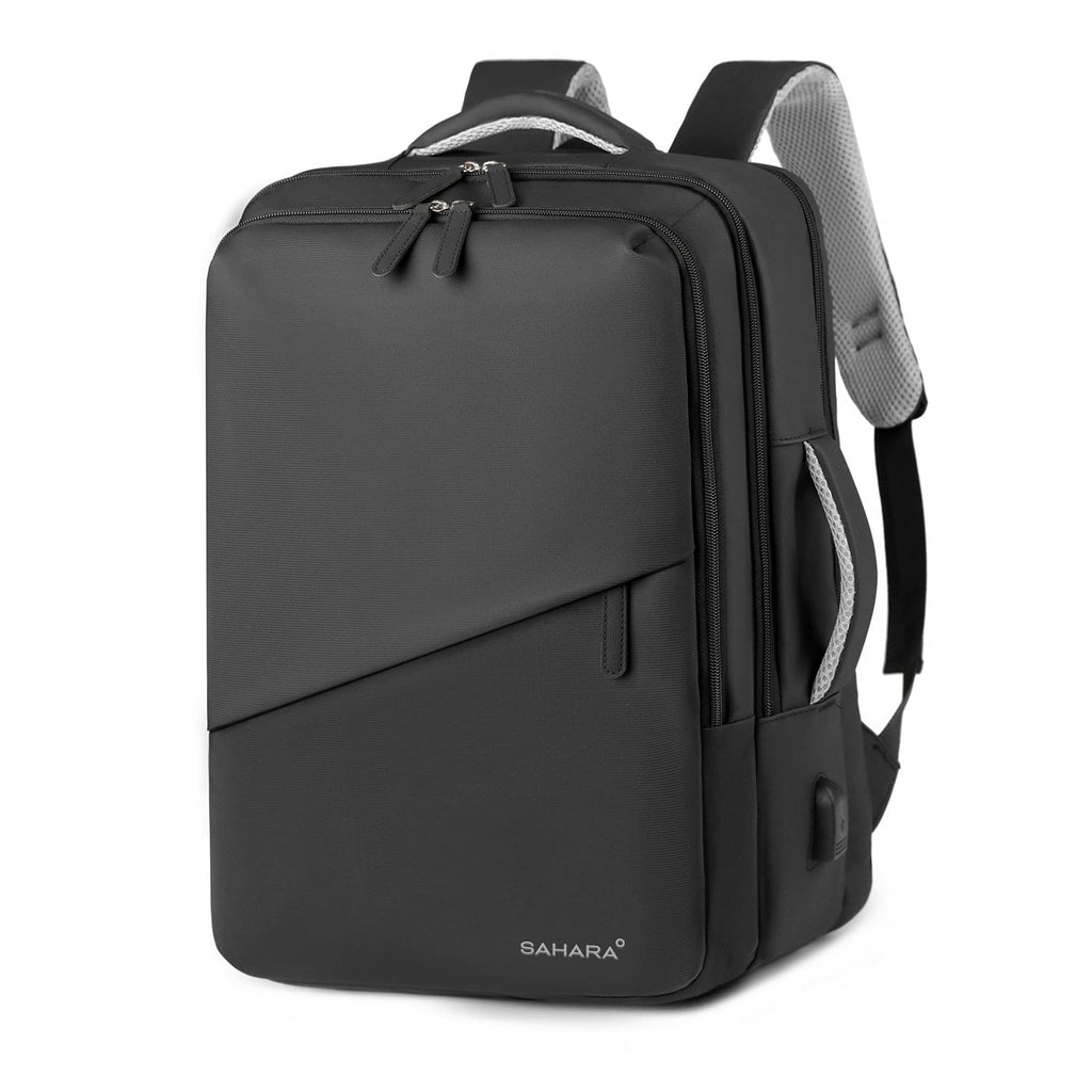 Black travel backpack with side handle, front pocket, and padded shoulder straps.