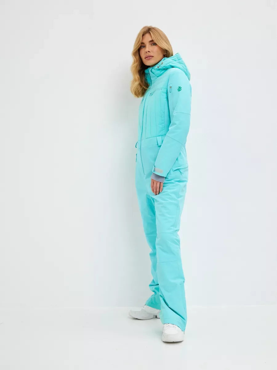 Mint waterproof insulated ski jumpsuit side view with hood and long sleeves.