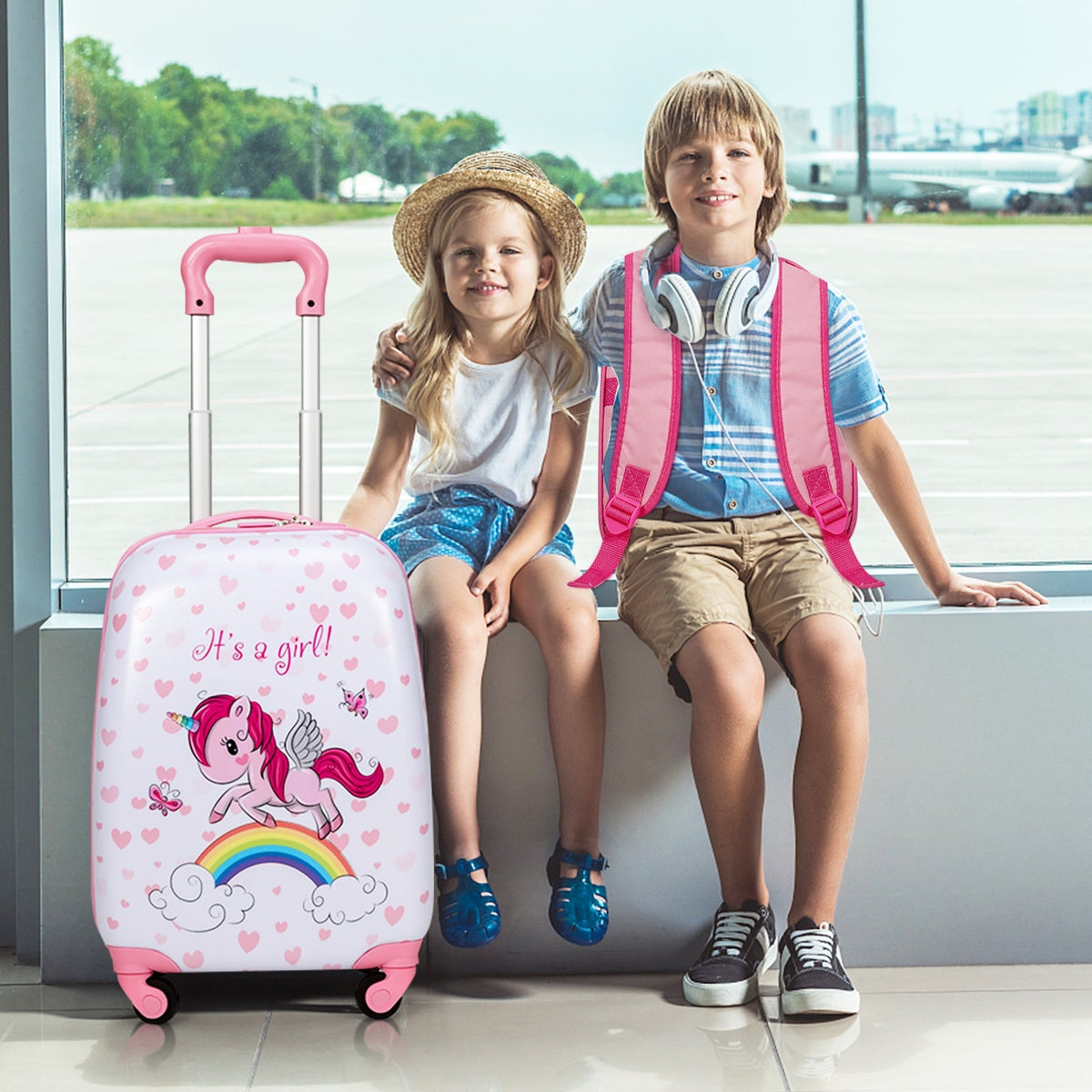 Pink wheeled kids suitcase and small unicorn backpack set with trolley handle and wheels