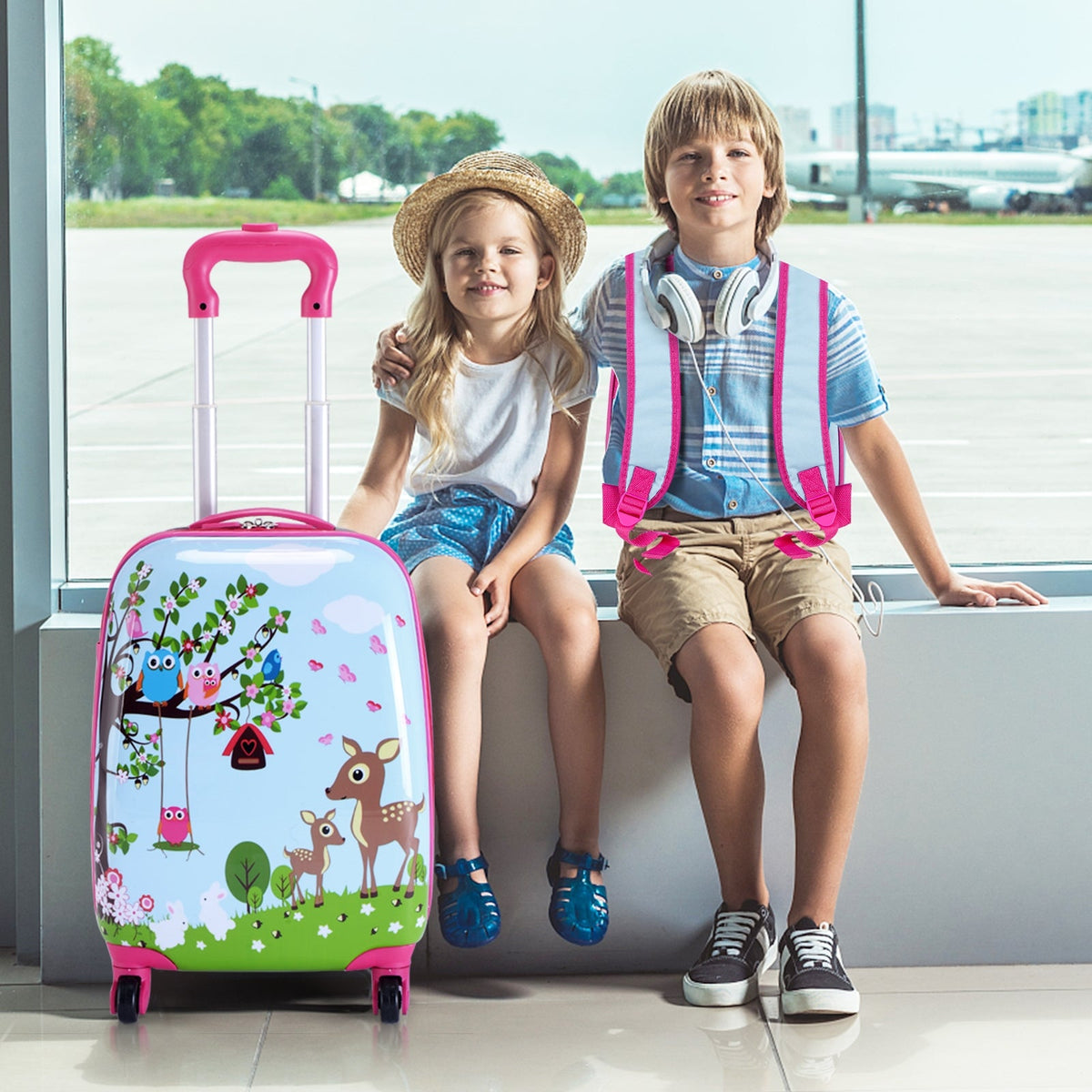 Kids rolling suitcase and backpack set with animal jungle prints and pink accents